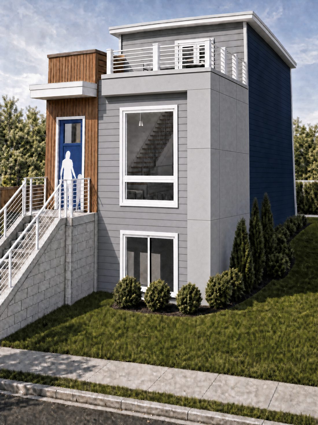 Exterior rendering of The Williamson — two-story home in gray and navy with wood entry tower and rooftop deck